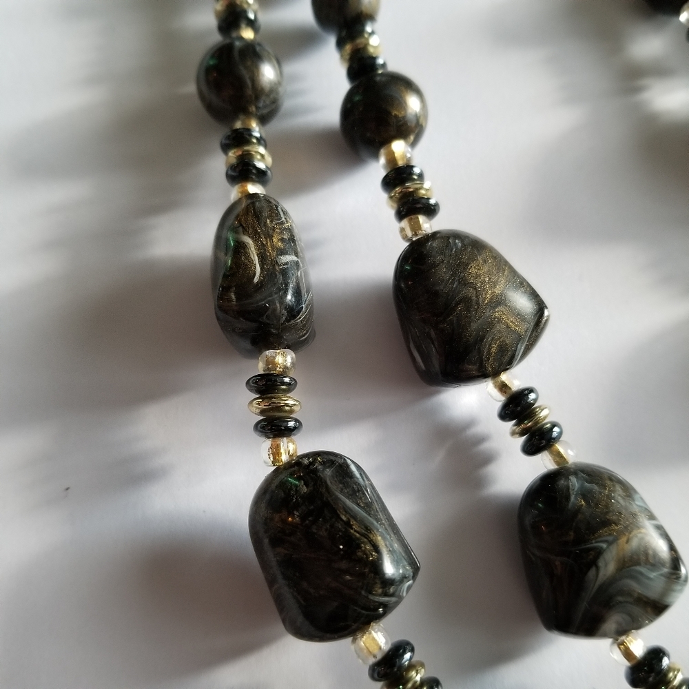 Vintage necklace two strand gold tone black swirled gold chunky multistrand - Picture 8 of 11